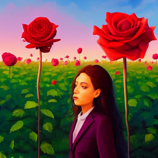 Image similar to closeup, giant rose flower head, frontal, girl in a suit, surreal photography, sunrise, blue sky, dramatic light, impressionist painting, digital painting, artstation, simon stalenhag