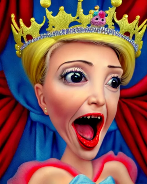 Prompt: closeup profile portrait of a tin toy ivanka trump screaming as a fairytale princess wearing a crown and eating cakes, bikini, hyper realistic, artstation, illustration, nicoletta ceccoli, mark ryden, lostfish, max fleischer, digital paint, matte paint, vivid colors, bright, cheerful, detailed and intricate environment
