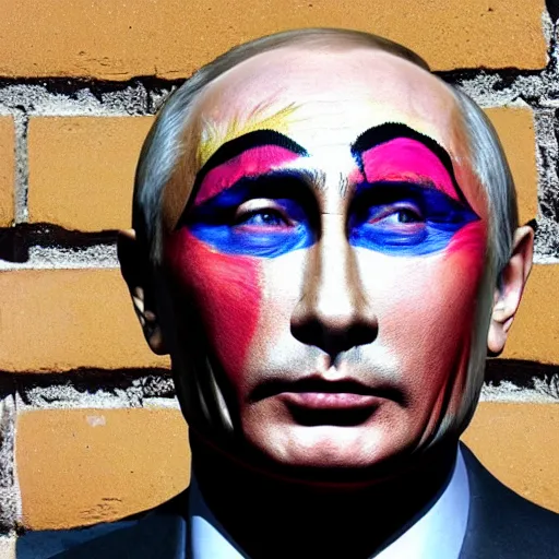 Image similar to putin's face painted on a brick wall