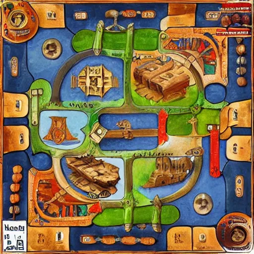 Prompt: a medieval castle michael menzel board game art