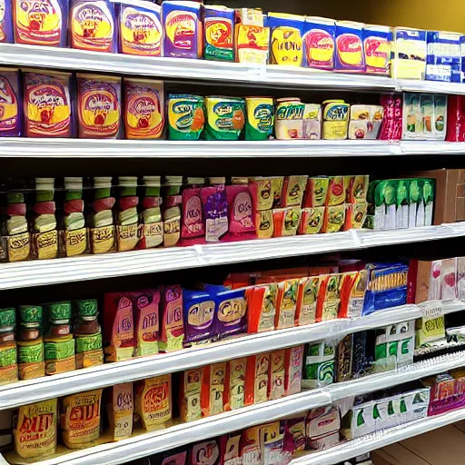 Prompt: a display case of boxes of suddenly sad food product at a grocery store