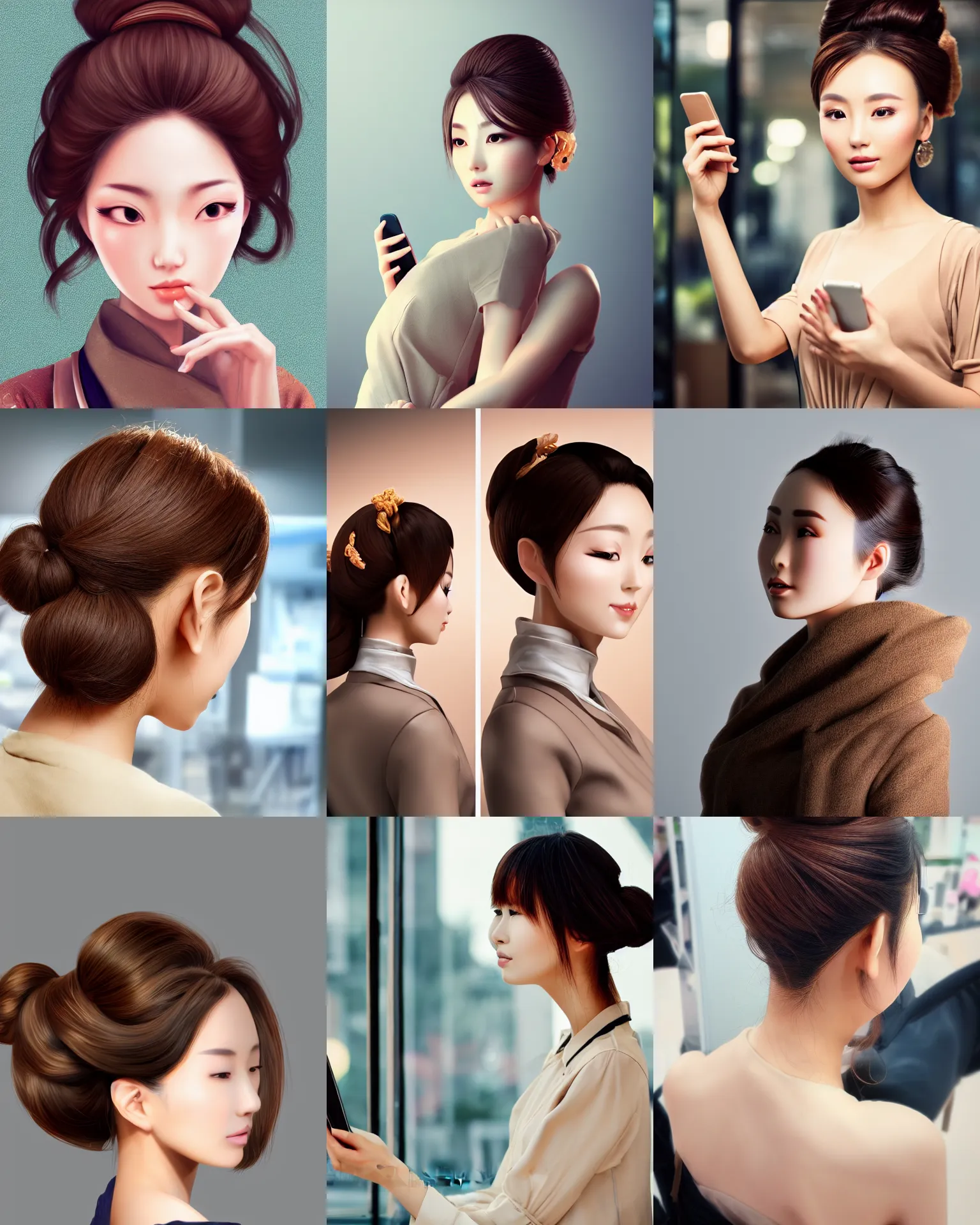 Prompt: light brown updo chinese beauty on the mobile phone facing the computer display, full body, wide angle lens, bokeh, artstation