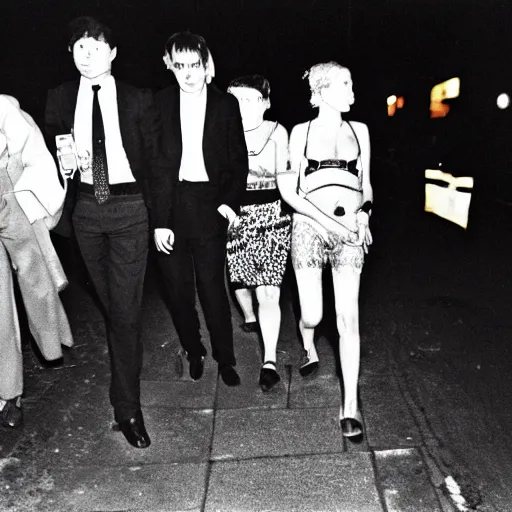 Image similar to Street photography, a close up of several people leaving a seedy nightclub at 5am, they are smoking, someone is screaming, Kabuki makeup, Kodachrome