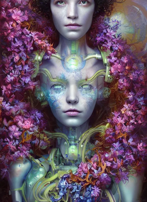 Image similar to a beautiful fine art portrait photo of a robot female cyborg, spread out curly hair covered by hibiscus, daffodils, hydrangea, montsera leaves by tom bagshaw and zach sutton, very detailed, bionic, cybernetic scifi, artstation, 8 k, holographic undertones, highly saturated colors