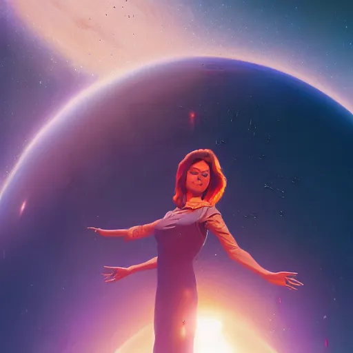 Prompt: a beautiful, powerful woman sitting in space, reaching her hand out toward the camera, emanating magic from her palms, extreme!!!!! closeup image, cgsociety contest winner, illustrated by mike beeple winklemann, greg rutkowski, and gaston bussiere, space art, portrait art, artstation, 4 k, 8 k