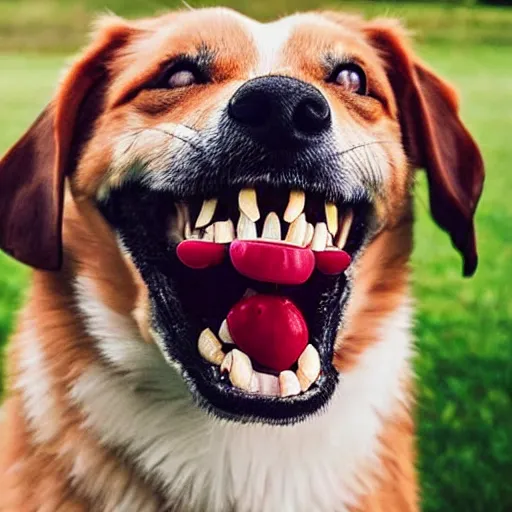 Image similar to dog with big human teeth smiling