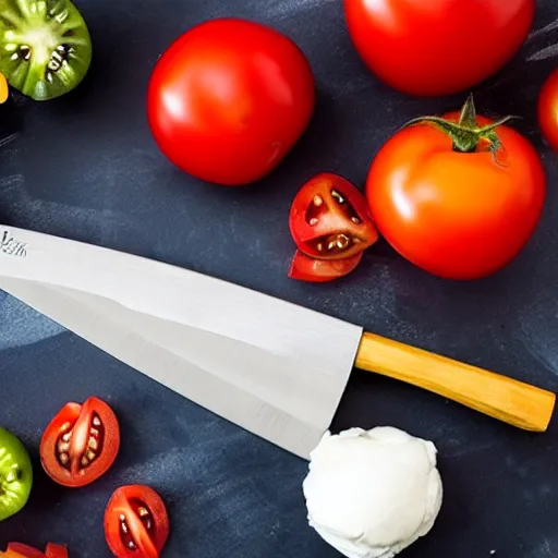 Prompt: tomato and mozzarella being cut by a long blade in the style of fruit ninja