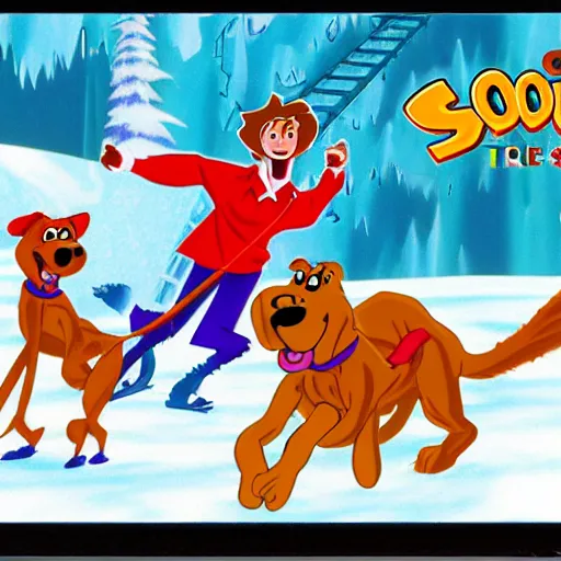 Prompt: scooby doo on ice, ps 1 box art,