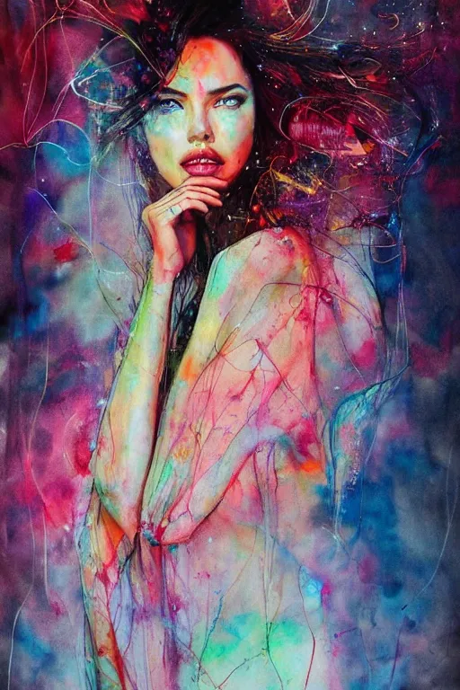 Image similar to adriana lima by agnes cecile enki bilal moebius, intricated details, sitting on a stool, full body portrait, extremely luminous bright design, pastel colours, drips, autumn lights