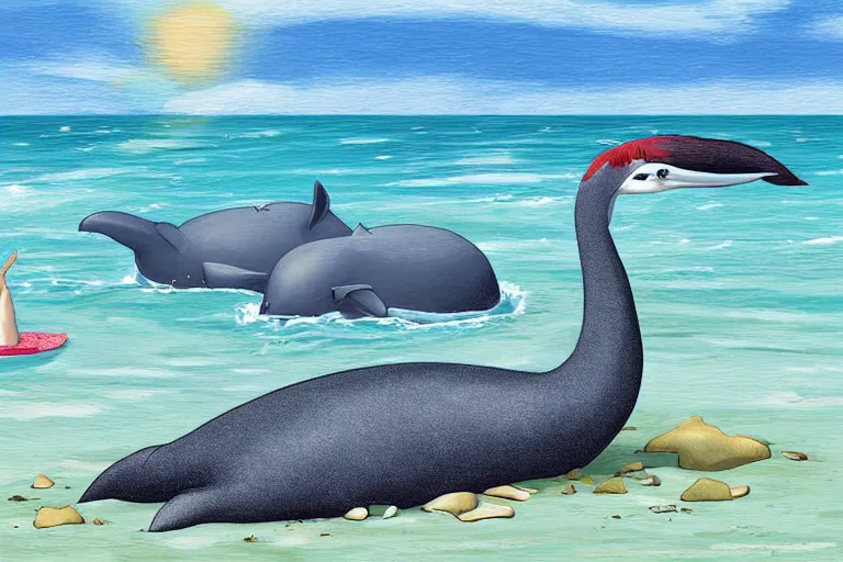 Prompt: digital art of a cassowary and a beluga whale relaxing together, beach, detailed, cartoon,