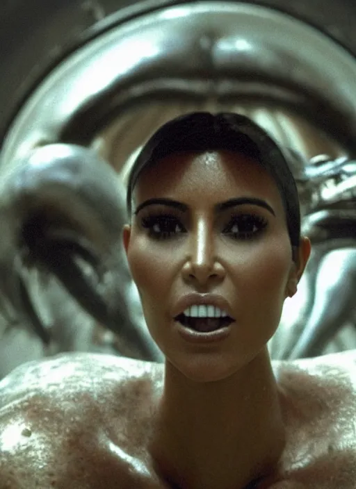 Image similar to film still of kim kardashian being held up by an xenomorph in Alien.