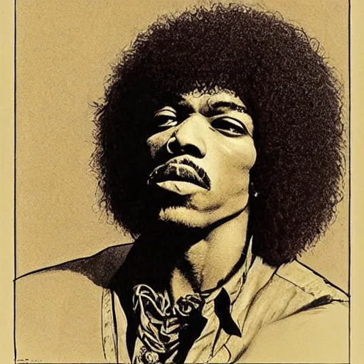 Prompt: artwork by Franklin Booth showing a portrait of Jimi Hendrix