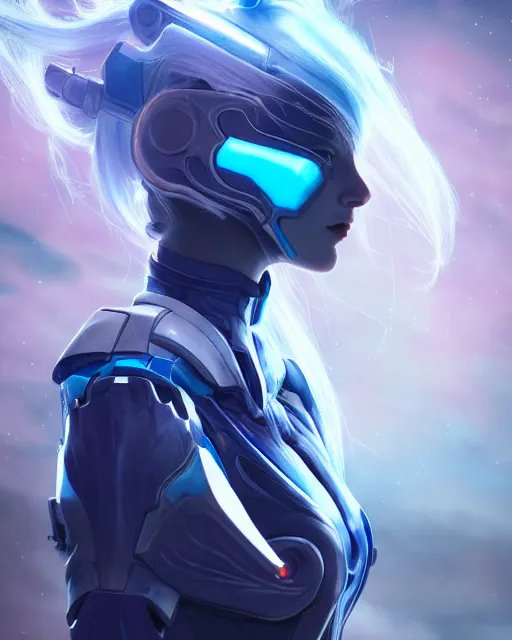 Image similar to perfect android girl on a mothership, warframe armor, beautiful face, scifi, futuristic, galaxy, nebula, raytracing, dreamy, long white hair, blue cyborg eyes, sharp focus, cinematic lighting, highly detailed, artstation, divine, by gauthier leblanc, kazuya takahashi, huifeng huang