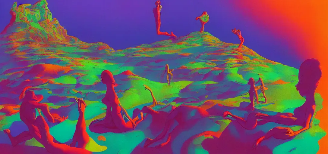 Prompt: a colorful vibrant psychedelic landscape licking a tab of lsd acid and dreaming psychedelic hallucinations, female form, by moebius, edward hopper and james gilleard, zdzislaw beksinski, steven outram colorful flat surreal design, hd, 8 k, artstation
