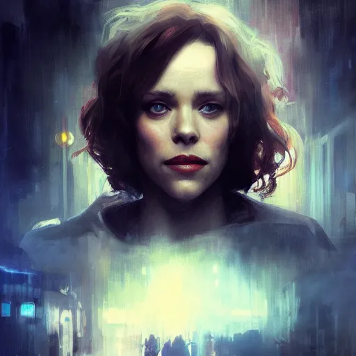 Image similar to rachel mcadams, hyperrealistic portrait, bladerunner street, art of elysium by jeremy mann and alphonse mucha, fantasy art, photo realistic, dynamic lighting, artstation, poster, volumetric lighting, very detailed face, 4 k, award winning