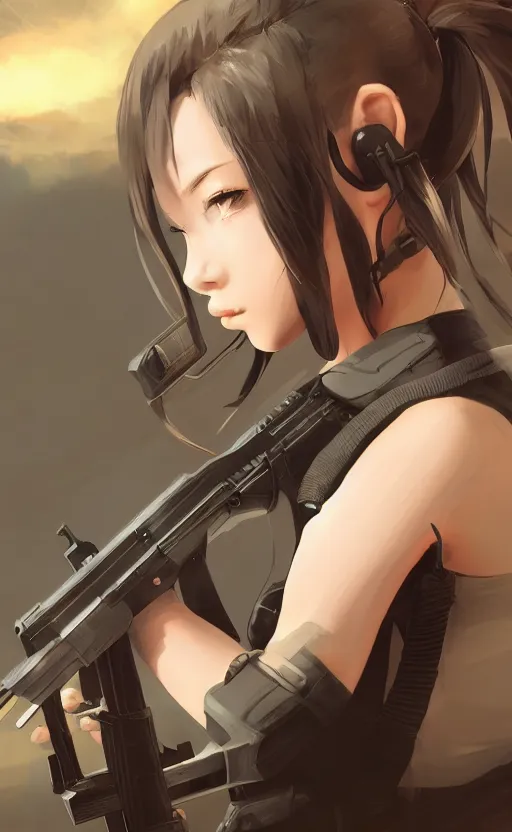 Prompt: highly detailed, high resolution, character design art, stunning, volumetric lightning, realistic guns, girls frontline style, matte, sharp focus, 130mm, illustration, artstation, by ilya kuvshinov, professional result, realistic human anatomy, simple design, realistic military gear, metal gear style