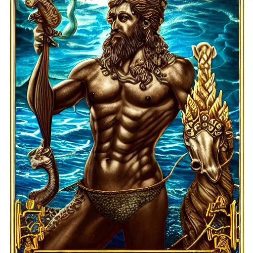 Image similar to poseidon on seahorses, tarot card, ornate, ultradetailed, digital art, irina french, heraldo ortega, mandy jurgens, golden ratio, art canvas, award winning, masterpiece trending on artstation 8 k 1 5 0 mpx