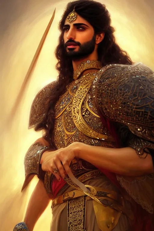 Image similar to Beautiful portrait of a Persian Prince who is a warrior, handsome prince of persia, face painting, attractive young man, persian style architecture, dramatic lighting, intricate, wild, highly detailed, digital painting, artstation, concept art, smooth, sharp focus, illustration, art by artgerm and greg rutkowski and alphonse mucha, footage from space camera