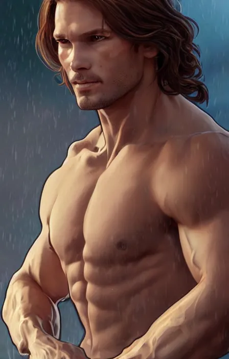 Prompt: photorealistic, canon eos 5 d mark iv, pretty muscular sam winchester as a character in romance book art design, character concept, sharp focus!, ultra detailed, art by artgerm alphonse mucha, wlop