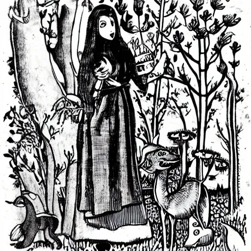 Image similar to In the illustration Vasilisa can be seen standing in the forest, surrounded by animals. She is holding a basket of flowers in one hand and a spindle in the other. Her face is turned towards the viewer, with a gentle expression. In the background, the forest is depicted as a dark and mysterious place. de stijl, black velvet by Erich Heckel, by Helene Schjerfbeck dynamic, soothing