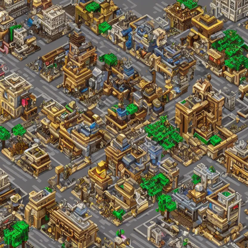 Prompt: isometric steampunk city block in minecraft