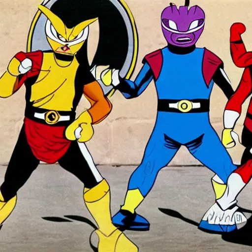 Prompt: power rangers playing basketball against the Looney Toons Toon Squad