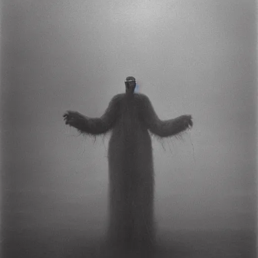 Image similar to bad quality vintage snap photography of realistic walking faceless beast-god with many long arms, a huge body covered with deep furs by Zdzisław Beksiński, odd eye, dark fantasy, fat, noiz, unbalanced , blur, haze, fog, vignetting, platinum printing