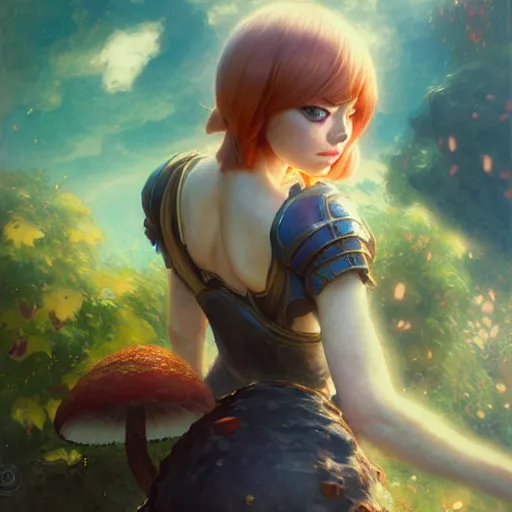 Image similar to emma stone as anime girl, mushroom kingdom, fantasy character portrait, concept art, interesting angle, intricate details, highly detailed by greg rutkowski, gaston bussiere, craig mullins, simon bisley