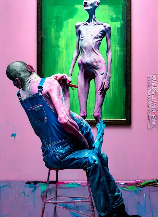 Image similar to an insane, skinny, artist wearing overalls, expressive painting the walls inside a grand messy studio, depth of field, hauntingly surreal, highly detailed painting by francis bacon, edward hopper, adrian ghenie, glenn brown, and james jean, soft light 4 k in pink, green and blue colour palette, cinematic composition,