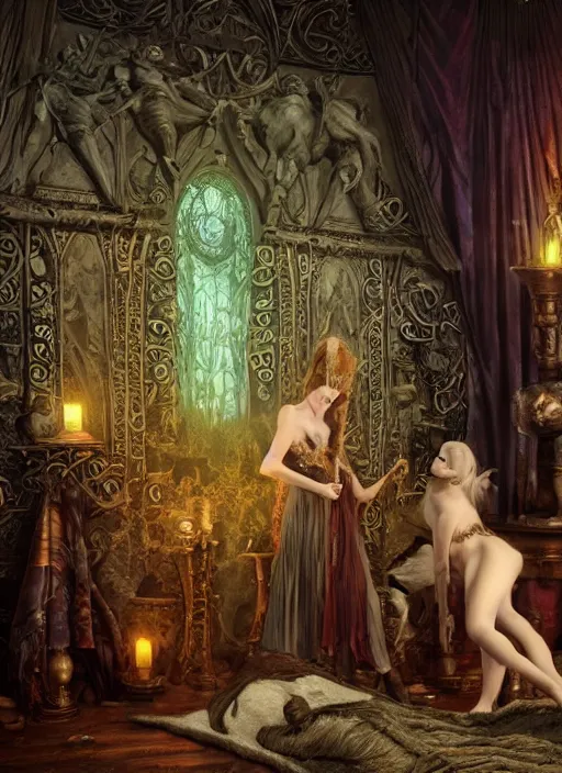 Image similar to picture inside covens den, intricate wiccan scene detailing, textless, hyperornate wiccan photorealistic mask, highly detailed, photorealistic, diffuse lighting, hdrp render, artstation, unreal 5, smooth, sharp focus, art by john collier, albert aublet, krenz cushart, artem demura, alphonse mucha