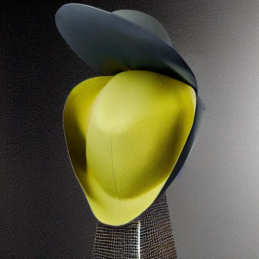 Prompt: [high tech cowboy hat in futuristic colours and fabrics, object design, couture]