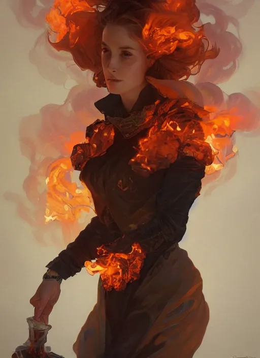 Image similar to a woman made of fire and smoke, full body view, beautiful high quality realistic fantasy art, trending on artstation by artgerm and greg rutkowski and alphonse mucha