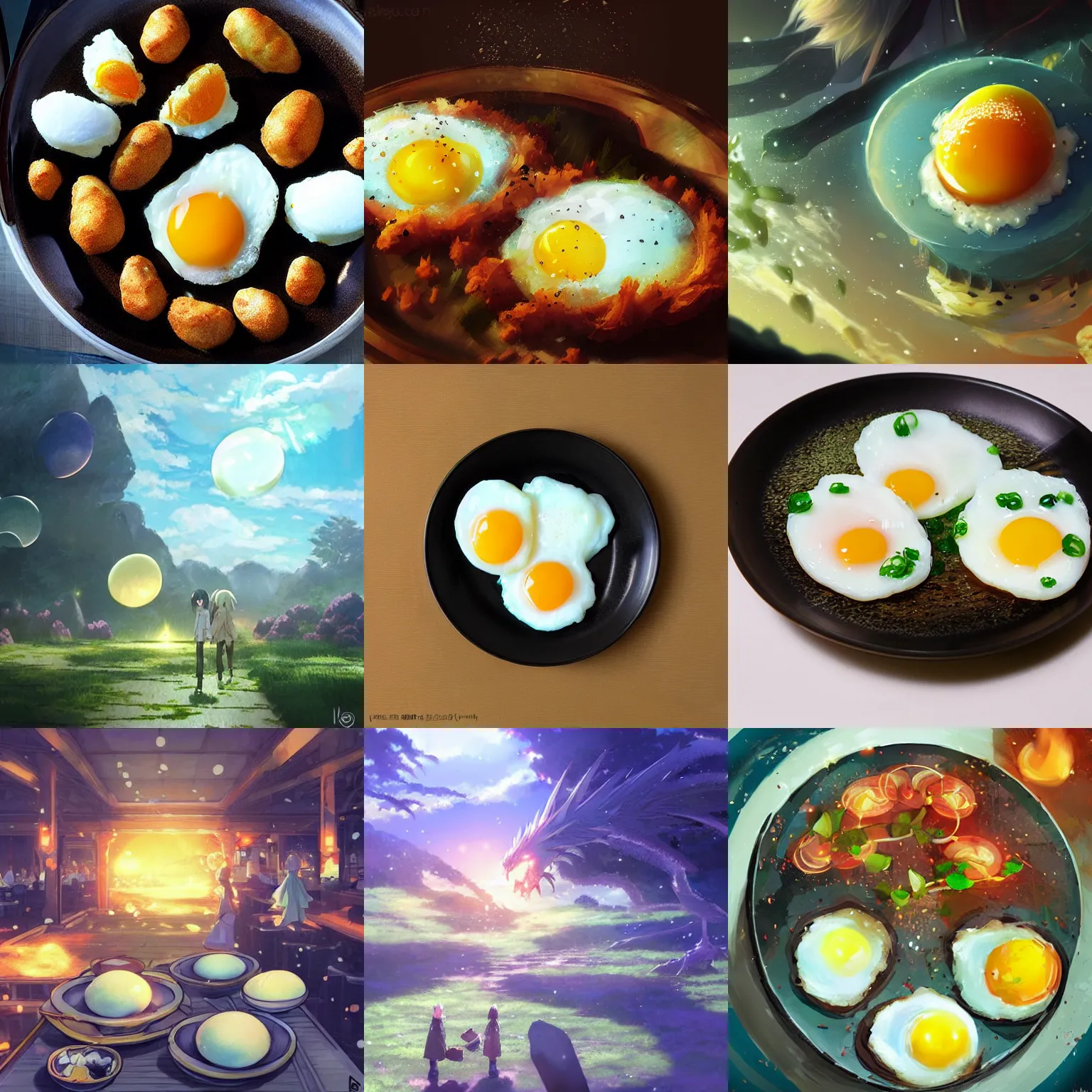 Prompt: fried eggs made from dragon eggs fantasy art by makoto shinkai