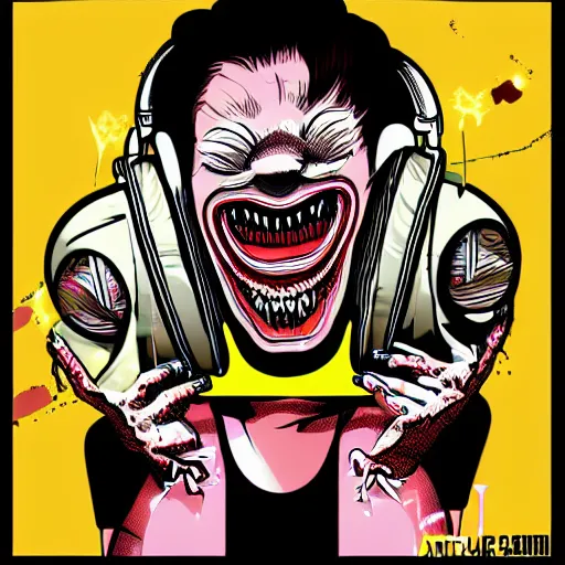 Image similar to artgerm, psychedelic laughing cronenberg friendly looking horror creature, rocking out, headphones dj rave, digital artwork, r. crumb, svg vector