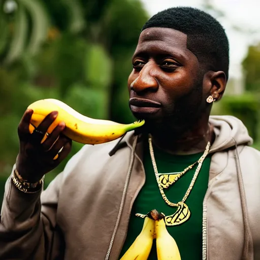 Image similar to angry gucci mane eating bananas in the hood, 8k resolution, full HD, cinematic lighting, award winning, anatomically correct