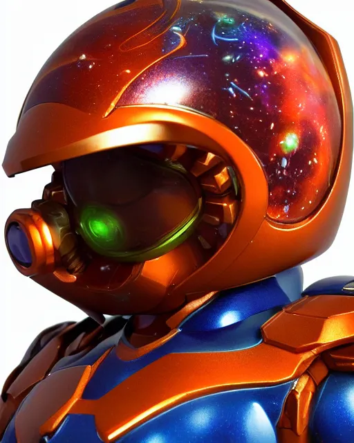 Prompt: triadic galaxy cosmic space - opera diorama bg. helmet portrait of a figurine of samus aran's orange chozo varia power suit from the sci - fi nintendo videogame metroid. designed by hiroji kiyotake, gene kohler and rodney brunet. metroid zero mission. metroid prime. glossy. masterpiece. intricate cybertronics. shallow depth of field.