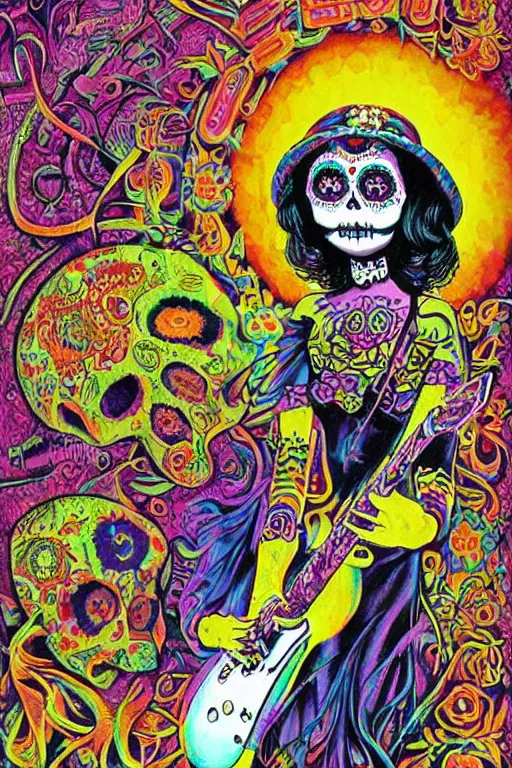 Image similar to realistic detailed psychedelic poster art of a cute Día de los Muertos girl playing electric guitar by Victor Moscoso Rick Griffin Art Noveau, masterpiece