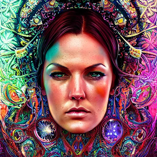 Image similar to portrait of danneel ackles, hyper detailed masterpiece, neon floral pattern, jean giraud, digital art painting, darkwave goth aesthetic, psychedelic, artgerm, donato giancola and tom bagshaw