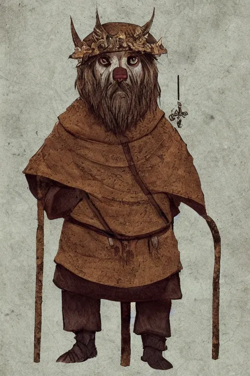 Image similar to slavic dog head man, woolen torso in medieval clothes, walking in the forest, orthodox saint christopher, art by whimmy, trending on artstation,