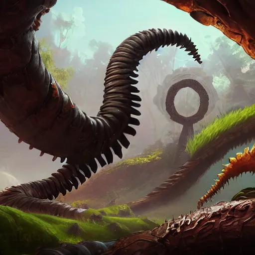 Image similar to a giant earthworm, worm monster, worm mouth, rock and dust, earthworm brown theme, bright art masterpiece artstation. 8 k, sharp high quality artwork in style of jose daniel cabrera pena and greg rutkowski, concept art by tooth wu, blizzard warcraft artwork, hearthstone card game artwork, earthworm rising from the ground