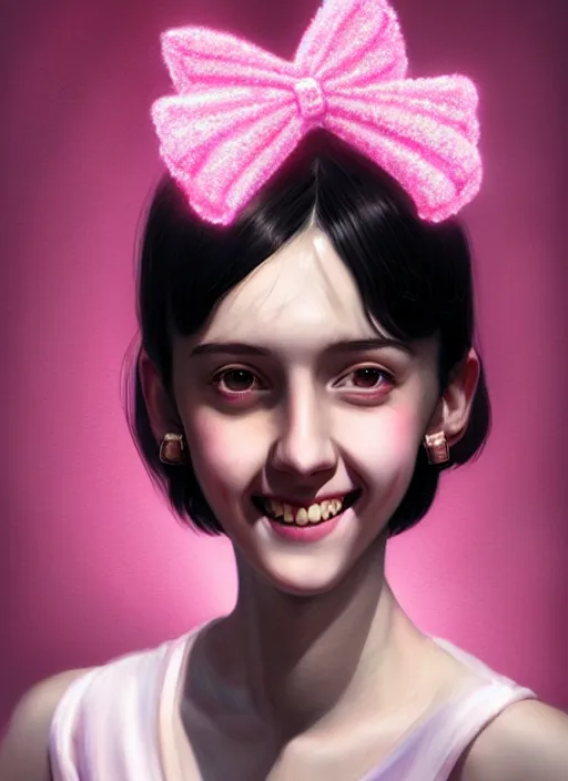 Image similar to portrait of high school girl, realistic, black hair, bangs, half updo hairstyle, pointy nose, skinny, smile, ugly, defined jawline, big chin, pink hair bow, earrings, intricate, elegant, glowing lights, highly detailed, digital painting, artstation, sharp focus, illustration, art by wlop, mars ravelo and greg rutkowski