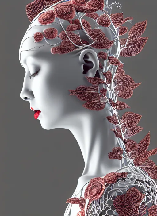 Prompt: complex 3d render ultra detailed of a beautiful porcelain profile woman face, mechanical vegetal cyborg, 150 mm, beautiful studio soft light, rim light, silver details, magnolia big filigran leaves and stems, roots, fine foliage lace, mesh wire, Alexander Mcqueen haute couture, intricate details, hyperrealistic, mandelbrot fractal, anatomical, red lips, silver metal armor, facial muscles, cable wires, microchip, elegant, white background, beautiful white teeth, octane render, H.R. Giger style, 8k