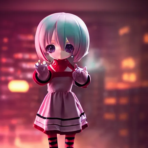 Image similar to cute fumo plush of a girl with prosthetic mechanical arms, red velvet, bokeh, cyberpunk anime girl, vray