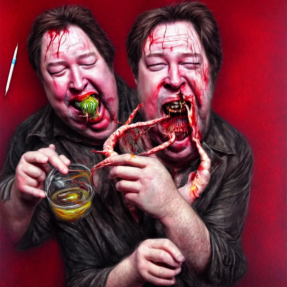 Prompt: happy and funny psychedelic bill hicks eating rotten flesh, laughing and puking blood, diffuse lighting, fantasy, intricate, elegant, highly detailed, lifelike, photorealistic, digital painting, artstation, illustration, concept art, smooth, sharp focus, art by francis bacon