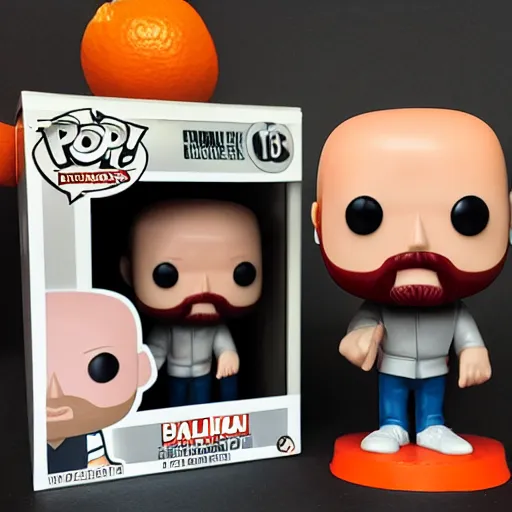 Image similar to funko pop bald man with an orange beard and funko pop box
