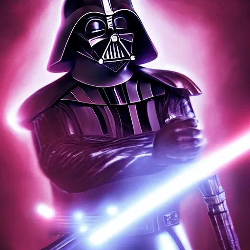 Image similar to portrait of darth vader wielding red lightsabre, league of legends amazing splashscreen artwork, legends of runeterra, splash art, natural light, elegant, photorealistic facial features, intricate, fantasy, detailed face, atmospheric lighting, anamorphic lens flare, cinematic lighting, league of legends splash art, hd wallpaper, ultra high details by greg rutkowski