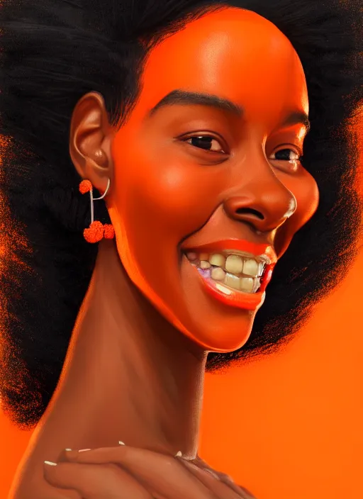 Prompt: portrait of shy black girl, realistic, bantu knots, pointy nose, lanky, smile, nerdy, defined jawline, big chin, orange hair bow, earrings, intricate, elegant, glowing lights, highly detailed, digital painting, artstation, sharp focus, illustration, art by wlop, mars ravelo and greg rutkowski