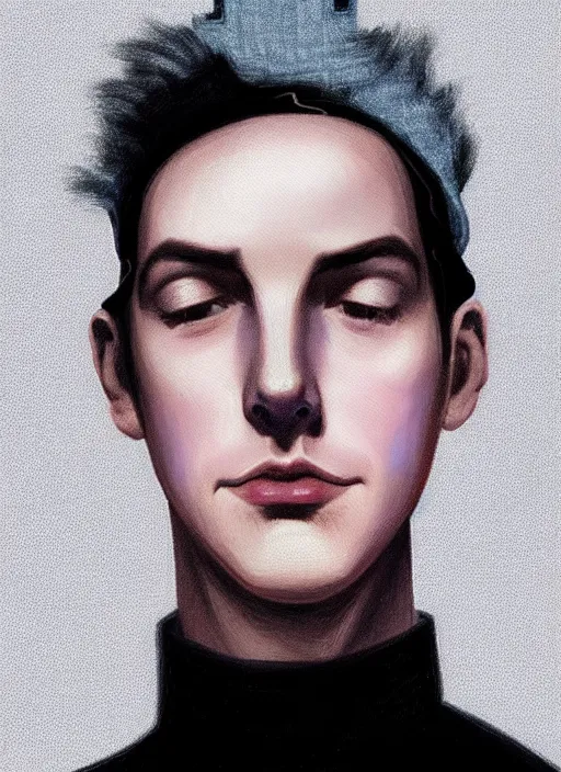 Image similar to portrait of teenage jughead jones wearing a light grey crown, crown, blue turtleneck, 1 9 5 0 s, closed eyes, photorealistic, black hair, glowing lighting, intricate, elegant, glowing lights, highly detailed, digital painting, artstation, concept art, smooth, sharp focus, illustration, art by wlop, mars ravelo and greg rutkowski