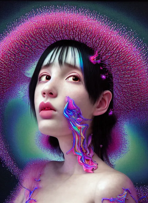 Image similar to hyper detailed 3d render like a Oil painting - kawaii portrait Aurora (black haired Fae) seen Eating of the Strangling network of yellowcake aerochrome and milky Fruit and Her delicate Hands hold of gossamer polyp blossoms bring iridescent fungal flowers whose spores black the foolish stars by Jacek Yerka, Mariusz Lewandowski, Houdini algorithmic generative render, Abstract brush strokes, Masterpiece, Edward Hopper and James Gilleard, Zdzislaw Beksinski, Mark Ryden, Wolfgang Lettl, hints of Yayoi Kasuma, octane render, 8k