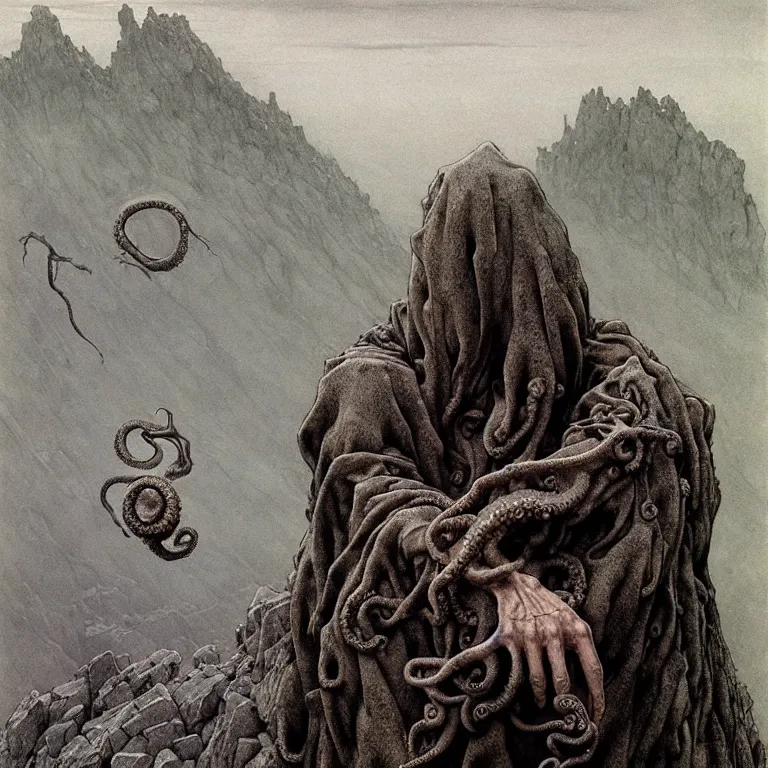 Image similar to A detailed gray-eyed tentacleheaded human stands among the mountains with a pebble in hands. Wearing a ripped mantle, robe. Extremely high details, realistic, fantasy art, solo, masterpiece, art by Zdzisław Beksiński, Arthur Rackham, Dariusz Zawadzki